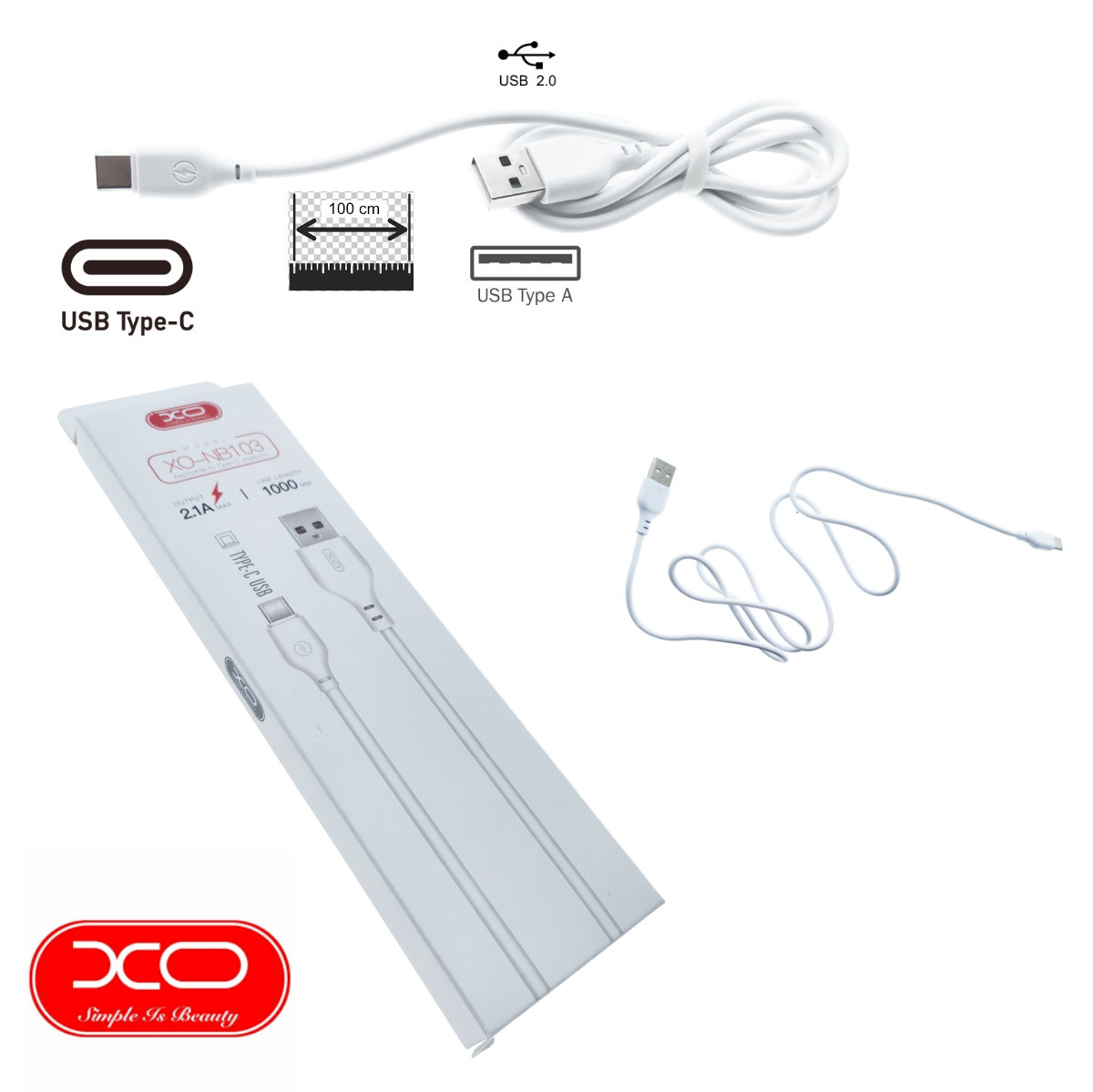 Cablu de date si alimentare, XO-NB103 86275, 2.1A, conector USB la USB Tip C tata, lungime 100 cm, alb [2]