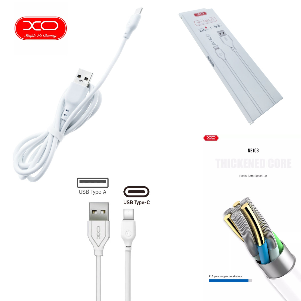 Cablu de date si alimentare, XO-NB103 86275, 2.1A, conector USB la USB Tip C tata, lungime 100 cm, alb [3]