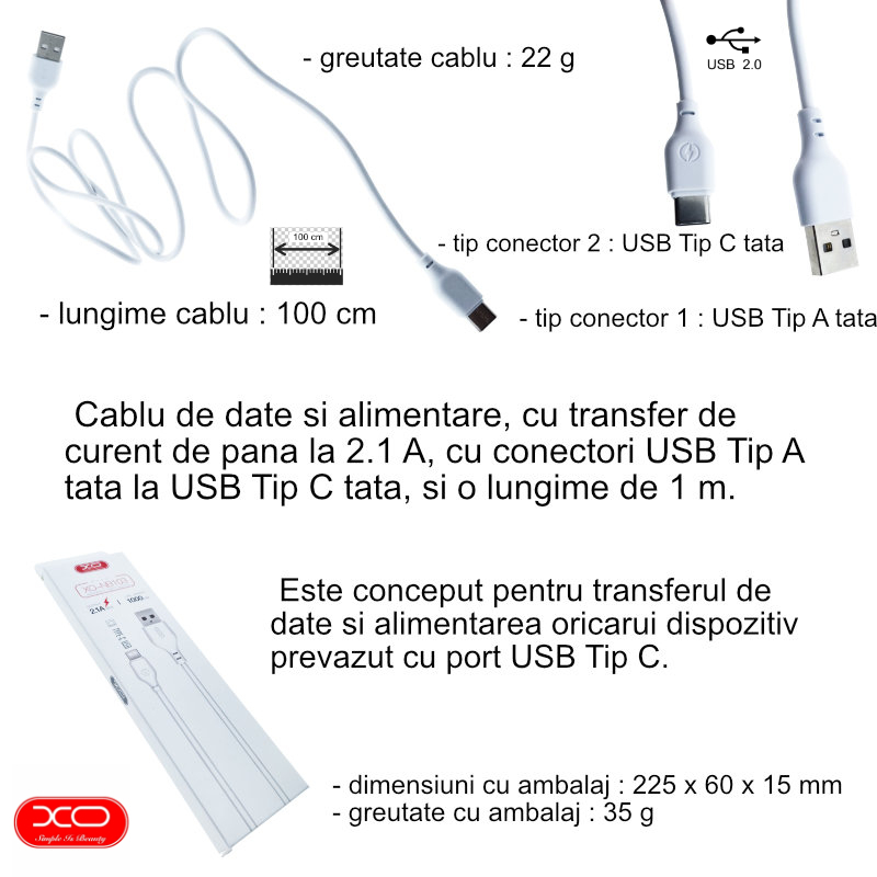 Cablu de date si alimentare, XO-NB103 86275, 2.1A, conector USB la USB Tip C tata, lungime 100 cm, alb [6]
