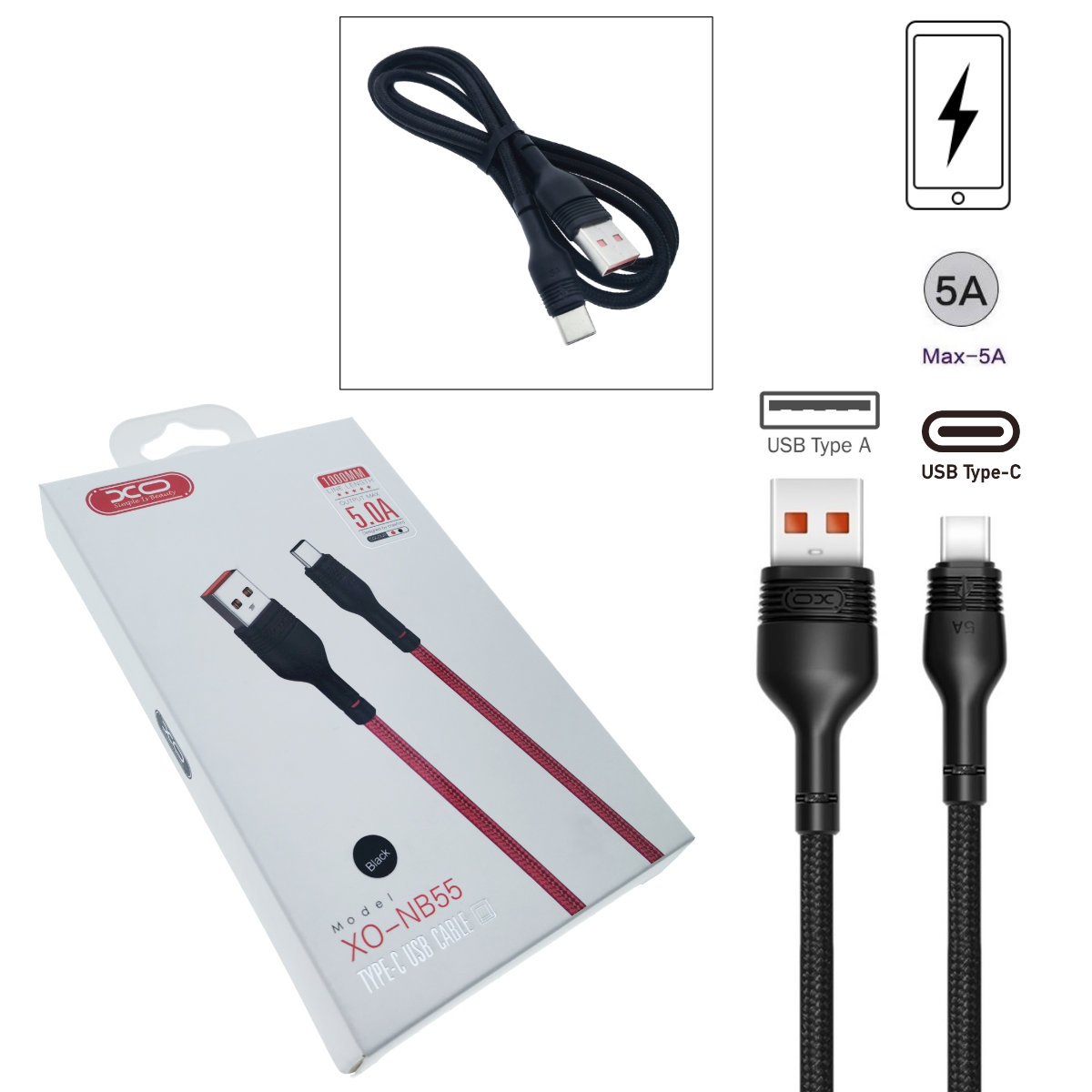 Cablu de date si alimentare, XO-NB55 89975, 5 A, conector USB la USB Tip C tata, lungime 100 cm, negru [4]