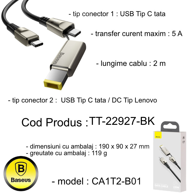 Cablu de incarcare rapida, 5A 100W, 2 in 1, Baseus 22927 CA1T2-B01, cu conectori USB Tip C tata la USB Tip C tata si adaptor DC Tip Lenovo, lungime 2 m, negru [9]