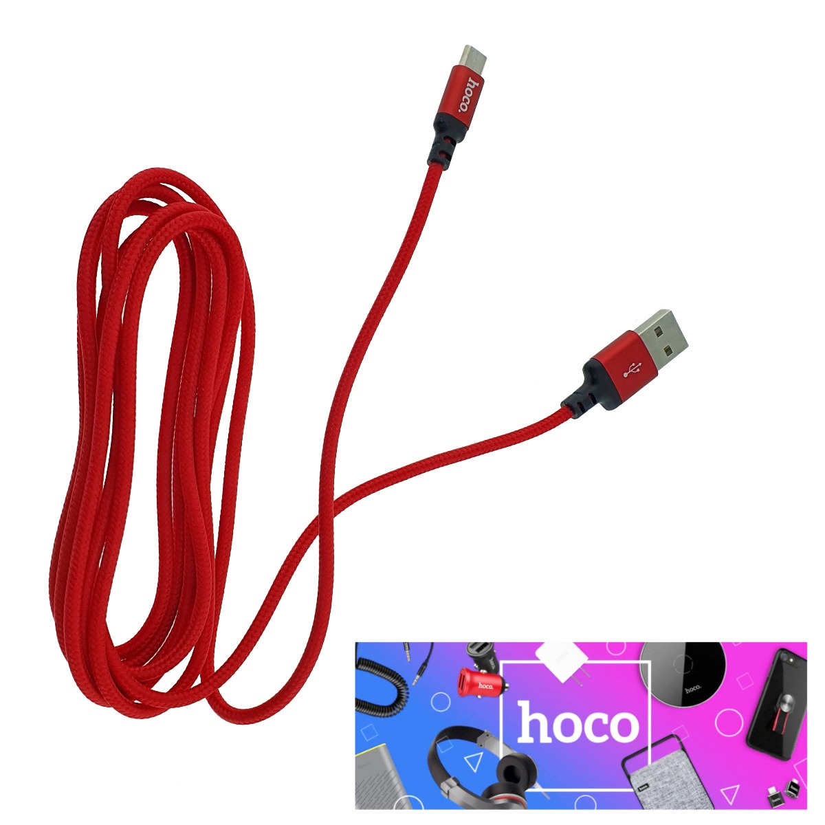 Cablu de incarcare si date cu conectori USB-A tata la micro-USB tata, HOCO 06291, X14 Times Speed, 2A, lungime 2m, invelis textil, rosu [2]