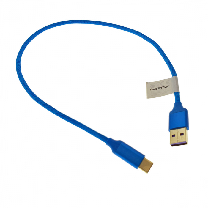 Cablu Lanberg 41653 Premium USB 2.0 tata la USB tip C tata, QC 3.0 5A, cu protectie textila, 50cm, conectori auriti, albastru [2]