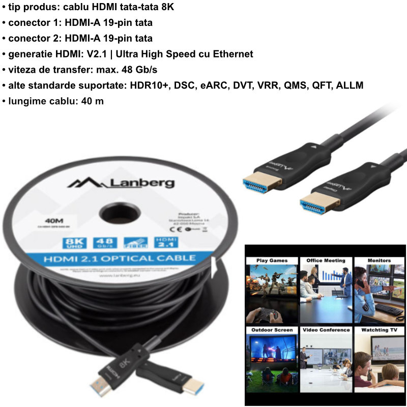 Cablu optic HDMI v.2.1, 40m, 8K-60Hz, tata-tata, Lanberg 43754, Ultra High Speed, DSC-10K, DSC, eARC, HDR10+, negru [6]