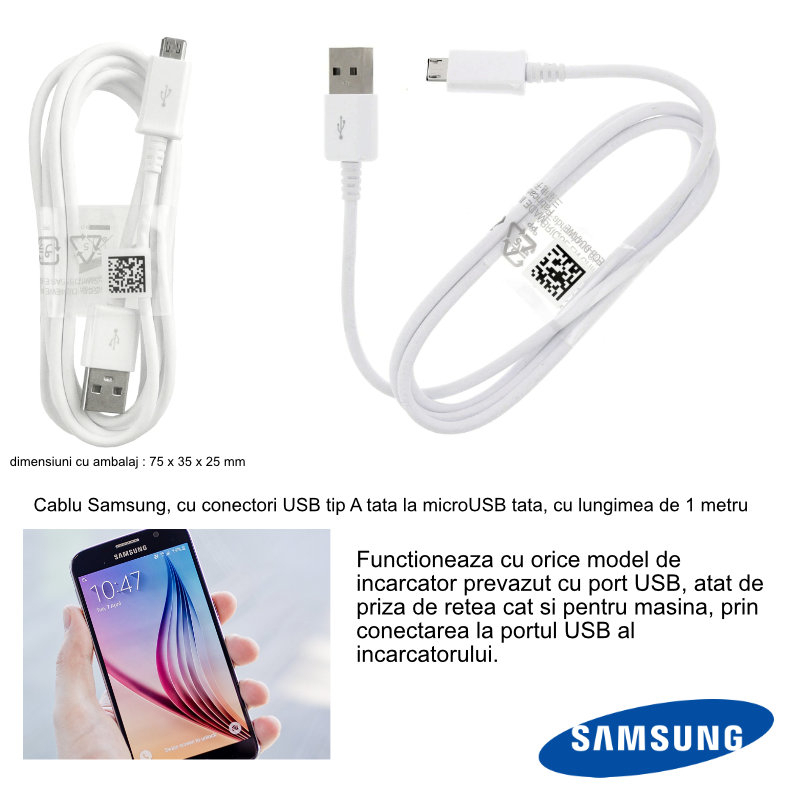 Cablu pentru date si incarcare, Samsung ECB-DU4AWE, USB tip A tata la microUSB tata, lungime 1 m, alb [5]