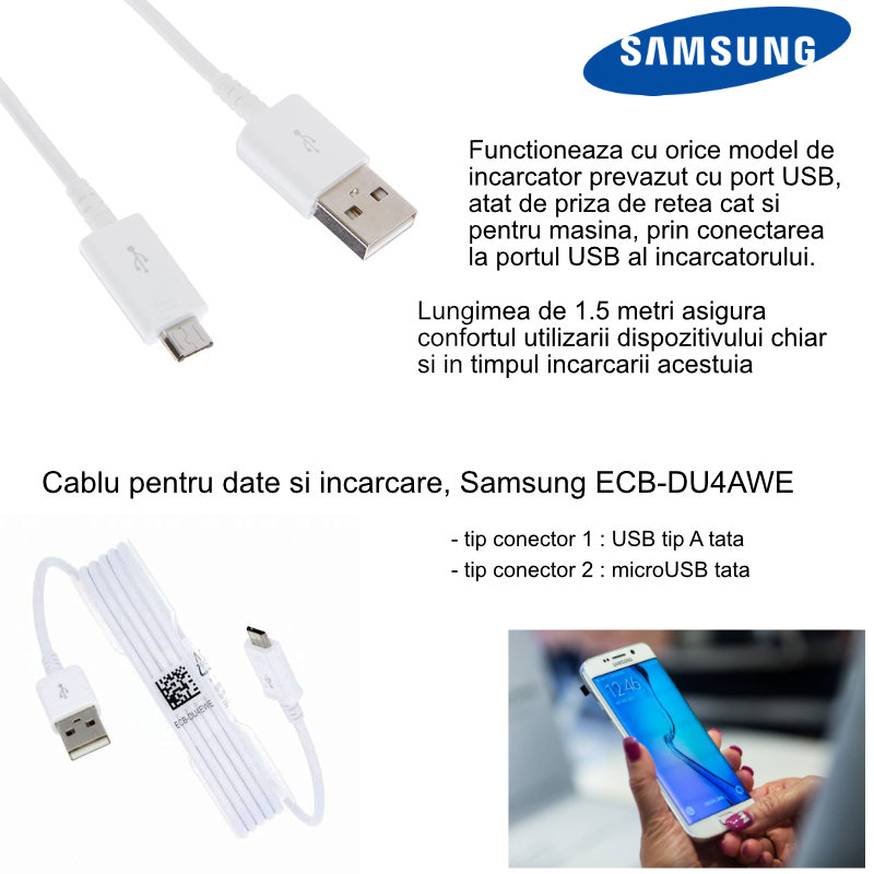 Cablu pentru date si incarcare, Samsung ECB-DU4EWE, USB tip A tata la microUSB tata, lungime 1.5 m, alb [4]