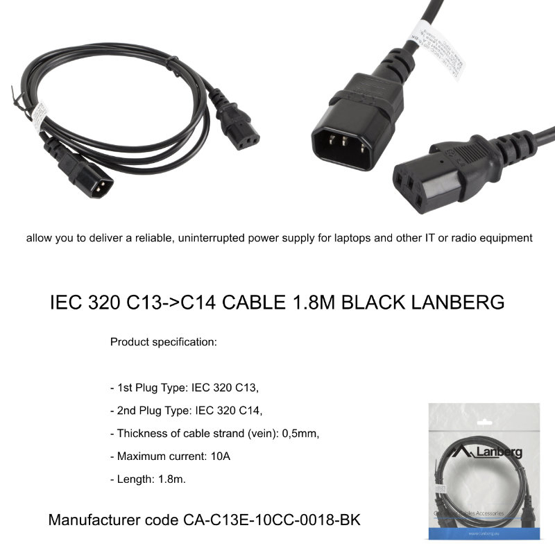 Cablu prelungitor de alimentare, 1.8m, Lanberg 40982, IEC 320 C13 la IEC 320 C14, 10A, negru [10]
