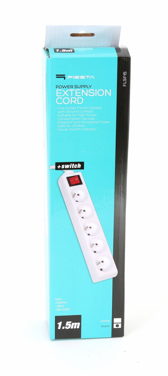 Cablu prelungitor Fiesta alimentare retea 1.5m cu 5 prize 250V /10A , cu intrerupator, negru [7]