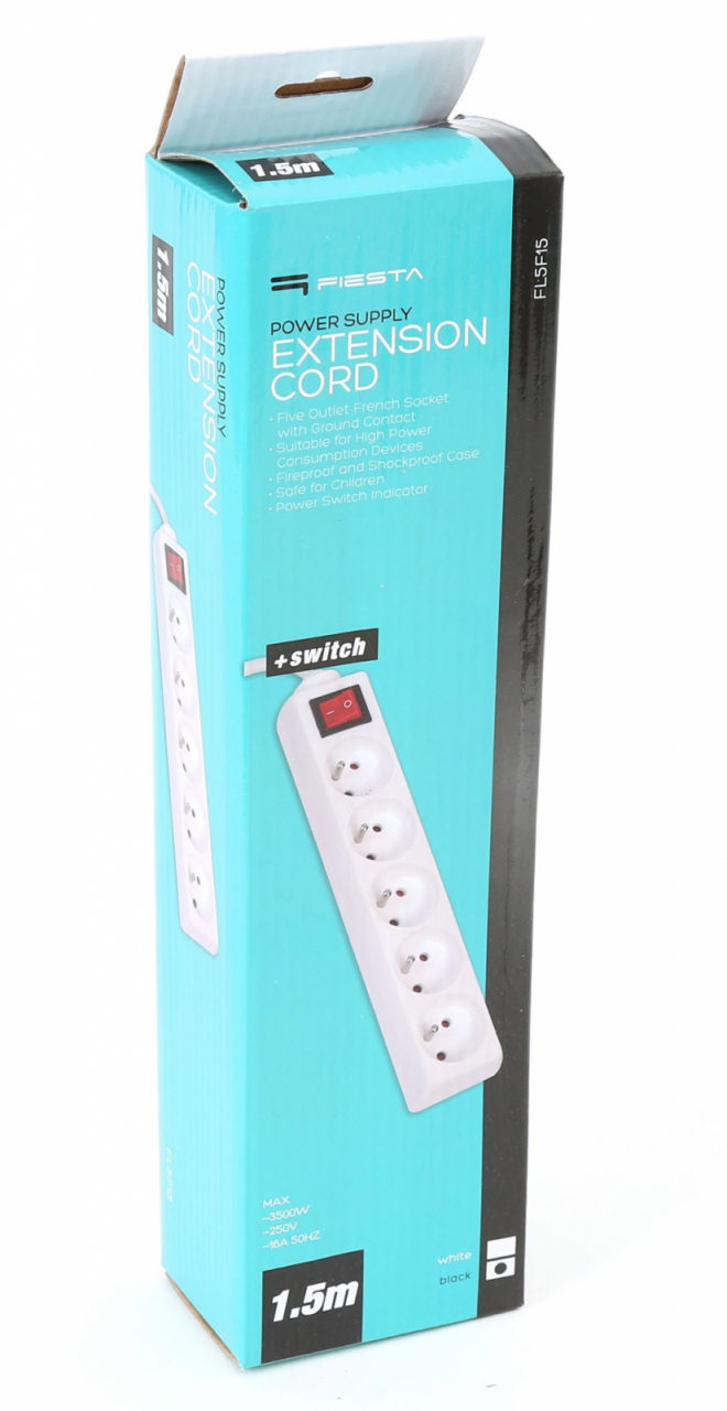 Cablu prelungitor Fiesta alimentare retea 1.5m cu 5 prize 250V /10A , cu intrerupator, negru [6]