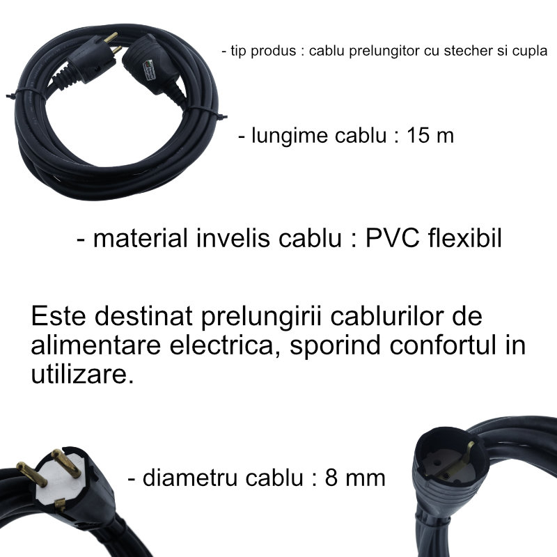 Cablu prelungitor, lungime 15m, pentru alimentare electrica, cu stecher si cupla cauciucate, material bachelita, negru [6]