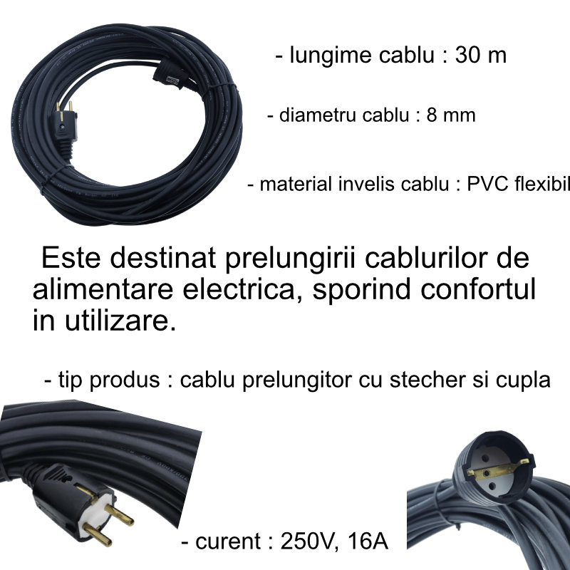 Cablu prelungitor, lungime 30m, pentru alimentare electrica, cu stecher si cupla cauciucate, material bachelita, negru [6]