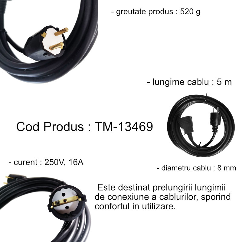 Cablu prelungitor, lungime 5m, pentru alimentare electrica, cu stecher si cupla cauciucate, material bachelita, negru [10]