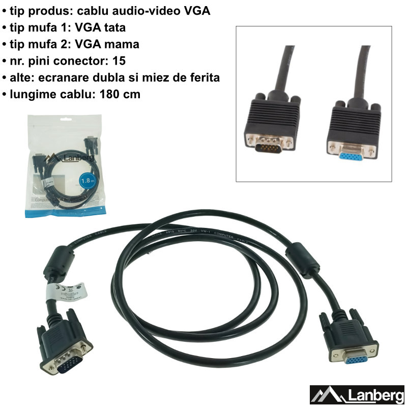 Cablu prelungitor VGA tata-mama, lungime 1.8m, Lanberg 41391, ecranare dubla si miez ferita, negru [6]