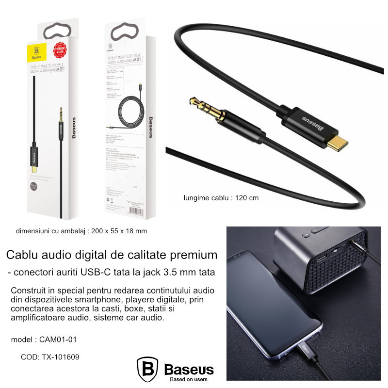 Cablu premium audio digital, Baseus CAM01-01, USB tip C tata la jack 3.5 mm tata AUX cu 3 pini, 120 cm, negru [6]
