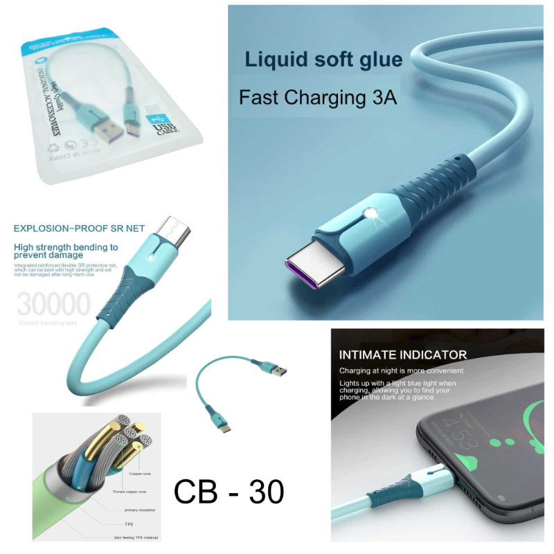 Cablu premium de incarcare rapida, LED, USB 2.0 tata la USB tip C tata, Liquid Soft Rubber, 25 cm, 3A, albastru [14]
