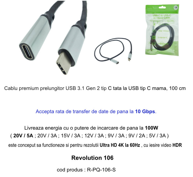 Cablu premium prelungitor USB 3.1 Gen 2 tip C tata la USB tip C mama, 100 cm, Revolution 106, PD, 20V 5A 100W, 10 Gbps, carcasa aluminiu, negru cu argintiu [6]
