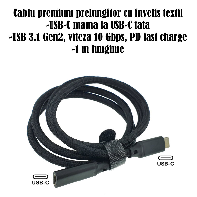 Cablu premium prelungitor USB-C mama la USB-C tata, USB 3.1 Gen2, viteza 10 Gbps, 1m, PD fast charge, cu invelis textil, negru [6]