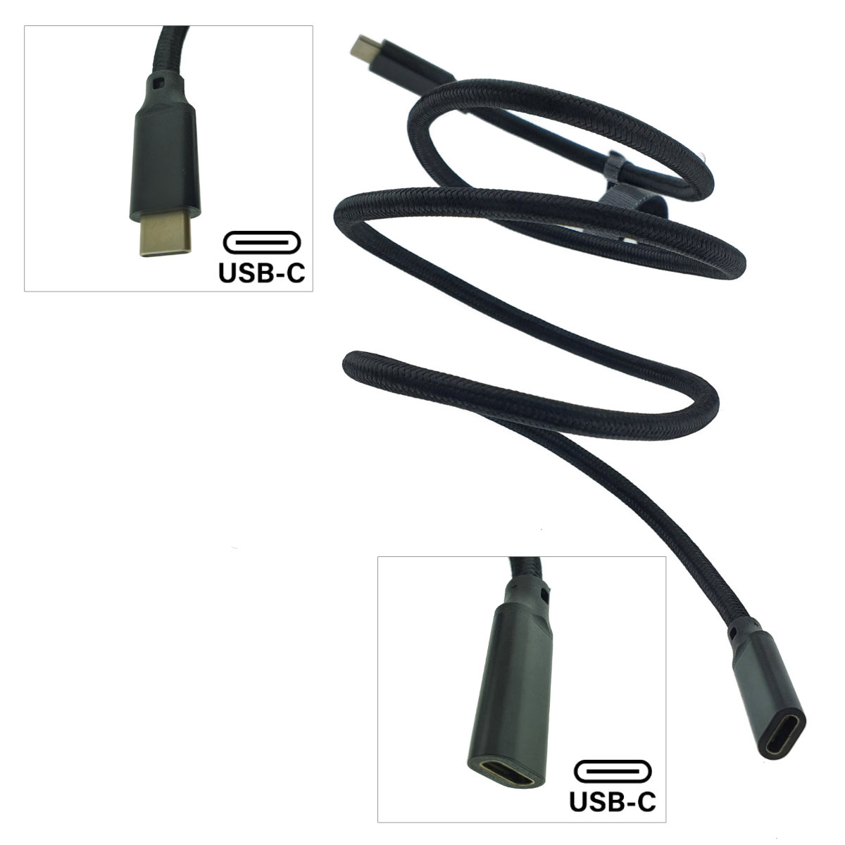 Cablu premium prelungitor USB-C mama la USB-C tata, USB 3.1 Gen2, viteza 10 Gbps, 1m, PD fast charge, cu invelis textil, negru [2]
