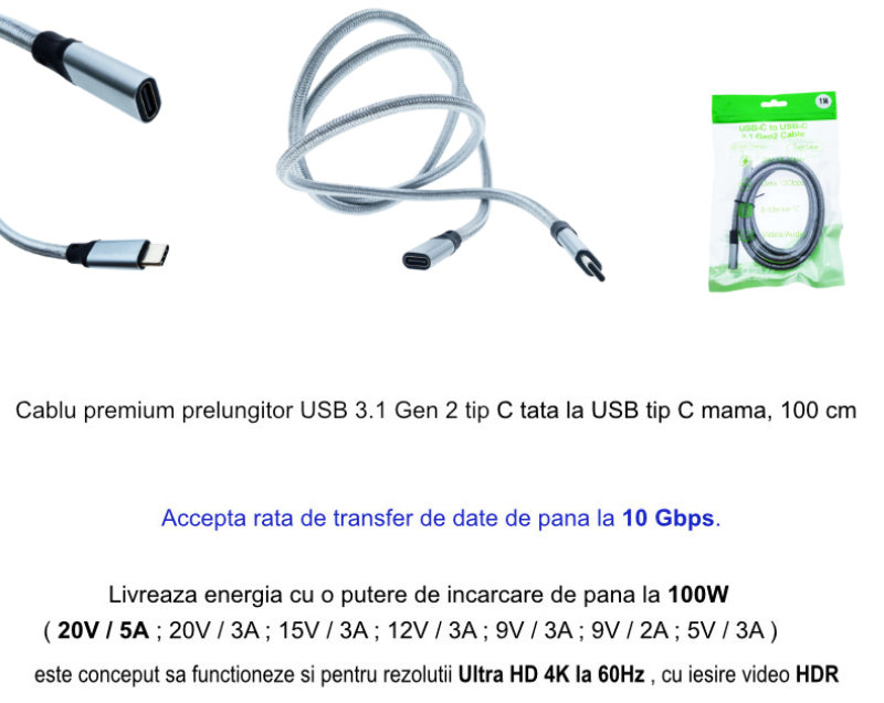 Cablu premium prelungitor USB Tip C mama la USB Tip C 3.1 tata, viteza 10 Gbps, 1m, cu invelis textil, gri [19]