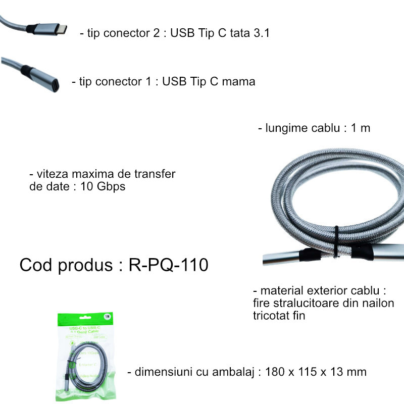 Cablu premium prelungitor USB Tip C mama la USB Tip C 3.1 tata, viteza 10 Gbps, 1m, cu invelis textil, gri [18]