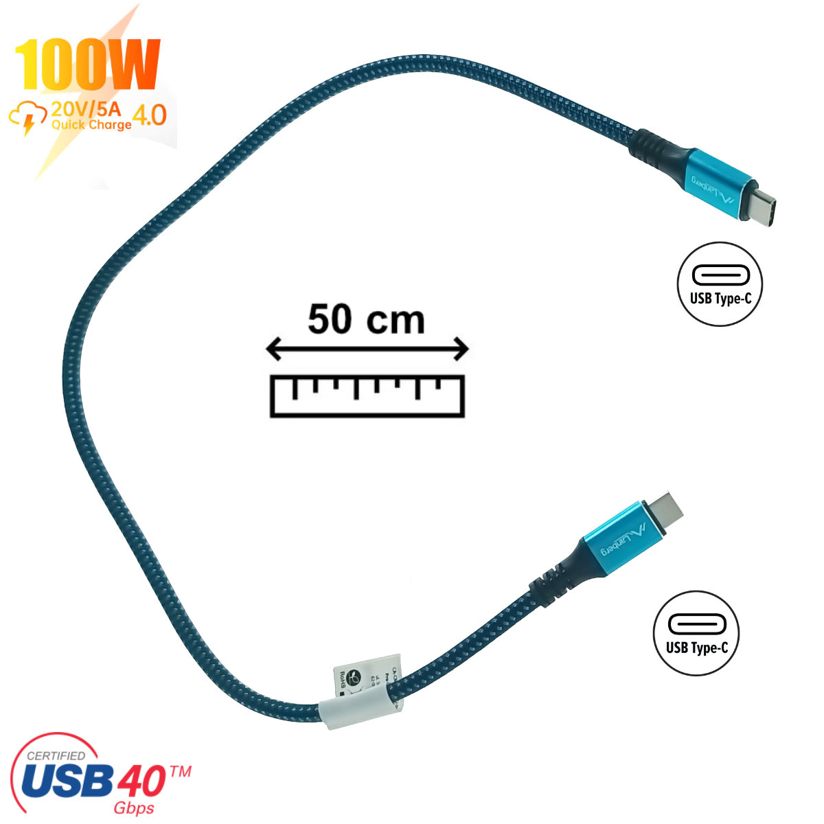 Cablu premium USB tip C v.4.0, tata-tata, 0.5m, Lanberg 43673, PD 100W, 5K@60HZ, 40Gbps, negru-albastru [2]