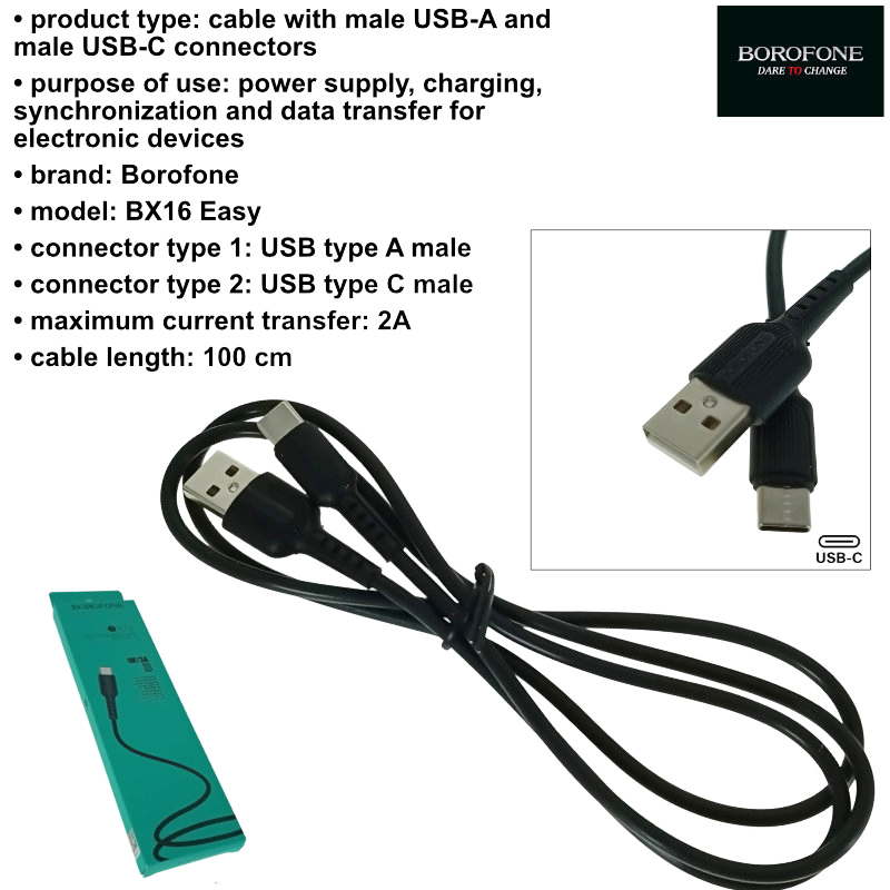 Cablu prevazut cu conectori USB tata si USB tip C tata, Borofone BX16 Easy 09947, lungime 1m, negru [6]