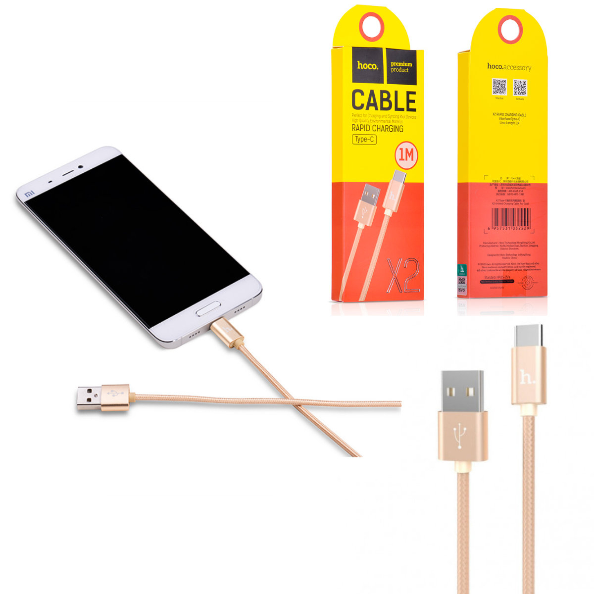 Cablu prevazut cu conectori USB tata si USB tip C tata, Hoco X2 Knitted, 2.4A, lungime 1m, auriu [10]