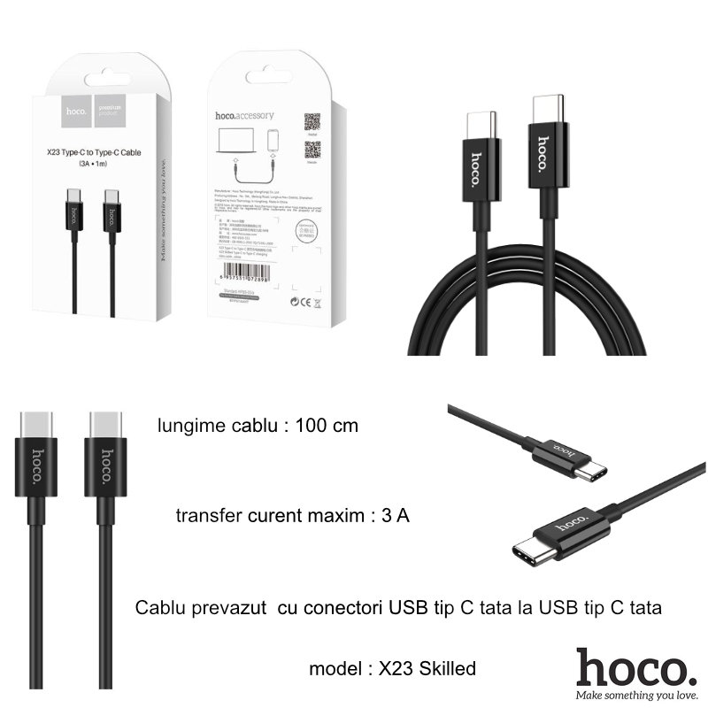 Cablu prevazut cu conectori USB tip C tata la USB tip C tata, Hoco X23 Skilled, 3A, lungime 1m, negru [14]