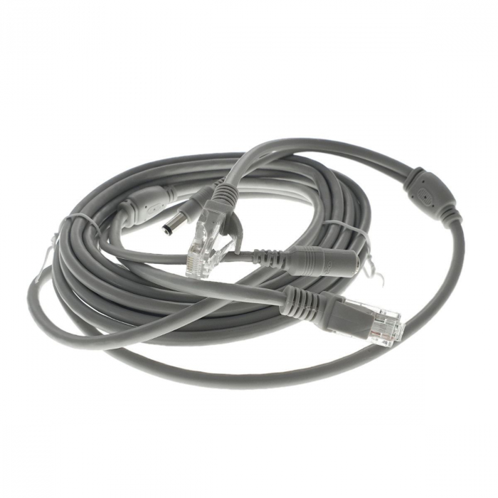 Cablu retea 5m pentru camera IP CCTV NVR,UTP Cat.5/5e,mufat 2XRJ45 si cablu alimentare mufat 2X2.1x5.5mm,gri [4]