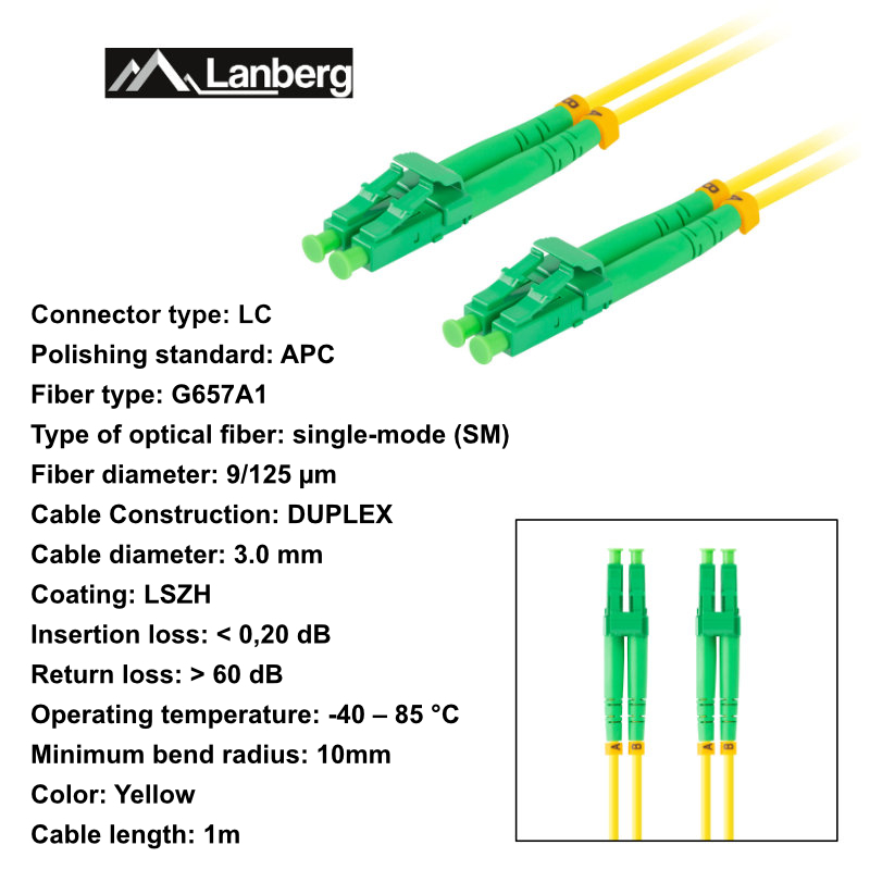 Cablu retea fibra optica cu lungime 1 m si conectori LC/APC-LC/APC, Lanberg Z43318, SM, DUPLEX 3.0MM G657A1 LSZH, galben [6]