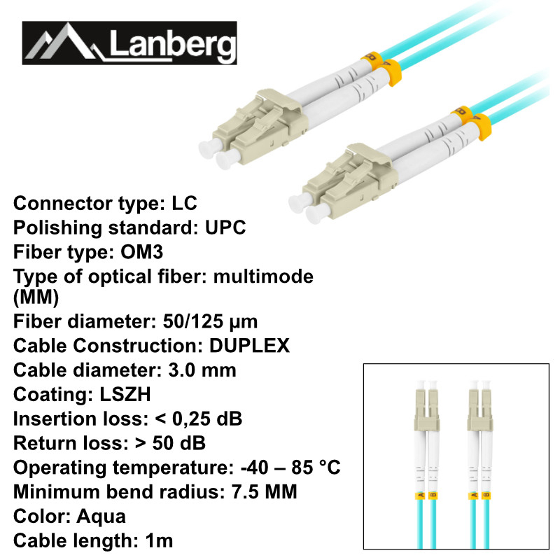 Cablu retea fibra optica cu lungime 1 m si conectori LC/UPC-LC/UPC, Lanberg Z43333, MM, DUPLEX 3.0MM OM3 50/125 LSZH, albastru [6]