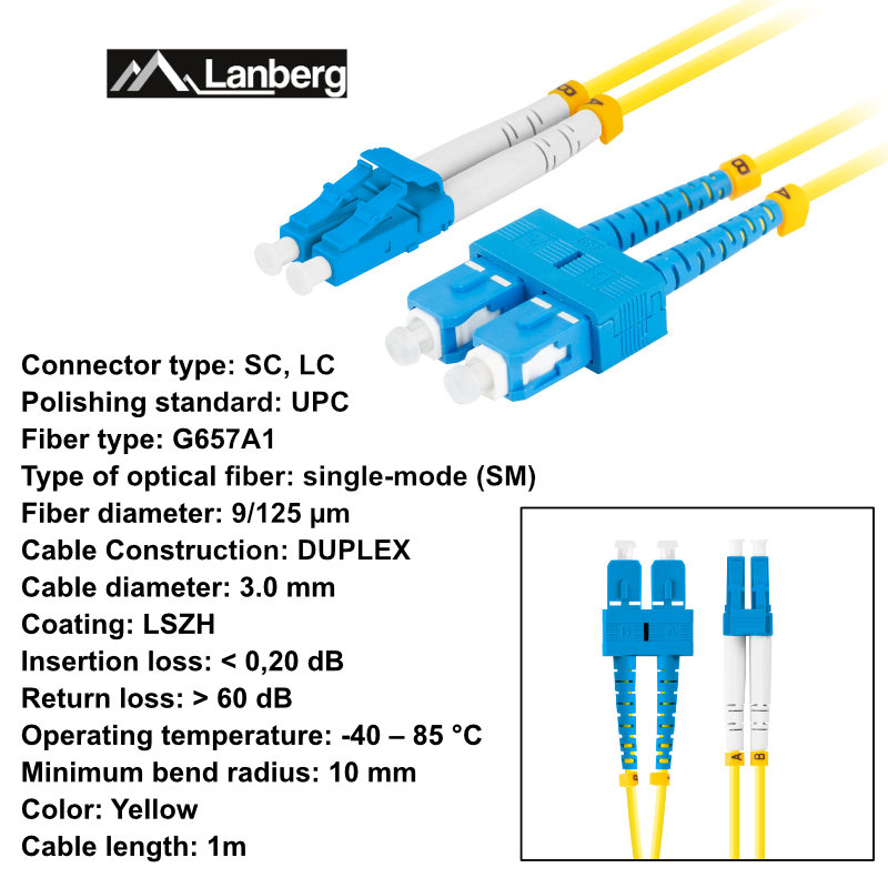 Cablu retea fibra optica cu lungime 1 m si conectori SC/UPC-LC/UPC, Lanberg Z43315, SM, DUPLEX 3.0MM G657A1 LSZH, galben [6]