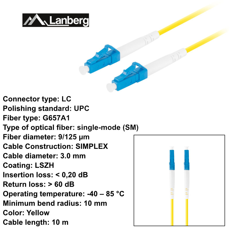Cablu retea fibra optica cu lungime 10 m si conectori LC/UPC-LC/UPC, Lanberg Z43313, SM, SIMPLEX 3.0MM G657A1 LSZH, galben [6]