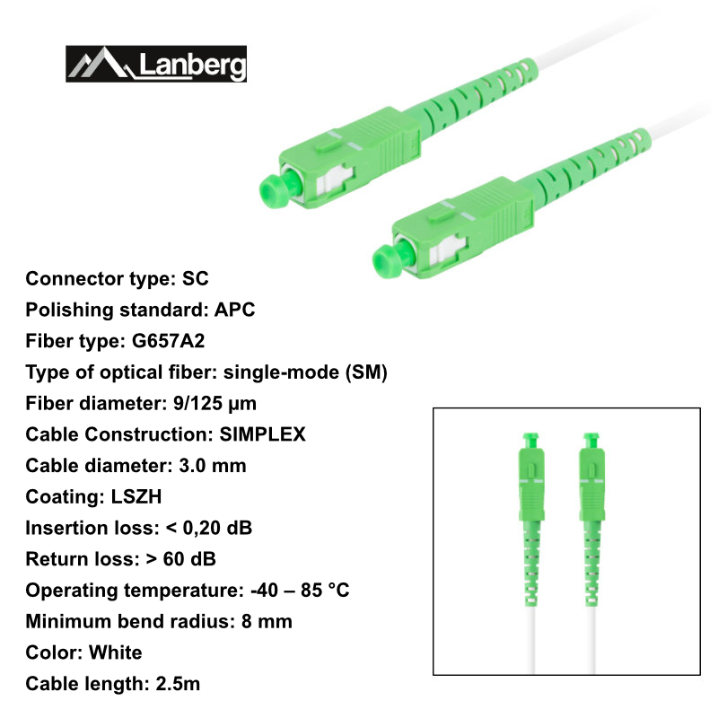 Cablu retea fibra optica cu lungime 2.5 m si conectori SC/APC-SC/APC, Lanberg Z43082, SM, SIMPLEX 3.0MM G657A2 LSZH, alb [6]