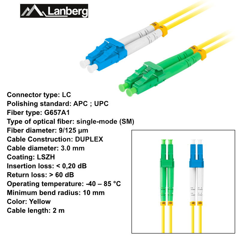 Cablu retea fibra optica cu lungime 2 m si conectori LC/APC-LC/UPC, Lanberg Z43323, SM, DUPLEX 3.0MM G657A1 LSZH, galben [6]
