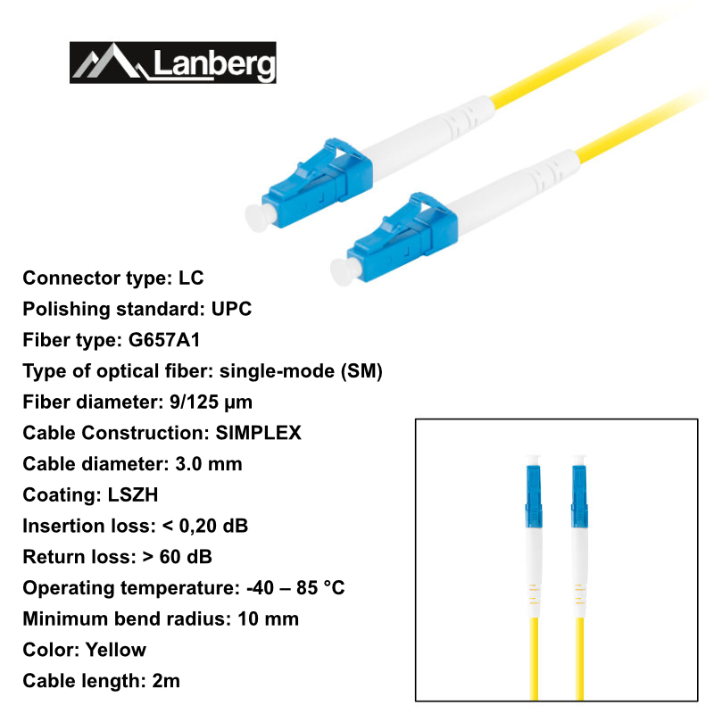 Cablu retea fibra optica cu lungime 2 m si conectori LC/UPC-LC/UPC, Lanberg Z43311, SM, SIMPLEX 3.0MM G657A1 LSZH, galben [6]