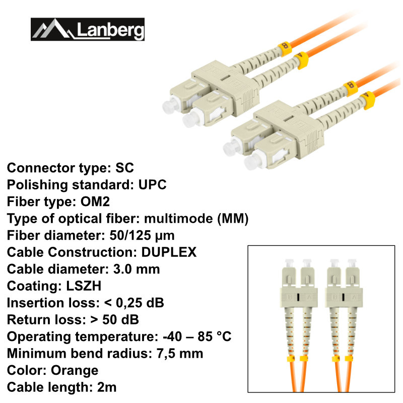 Cablu retea fibra optica cu lungime 2 m si conectori SC/UPC-SC/UPC, Lanberg Z43324, MM, DUPLEX 3.0MM OM2 50/125 LSZH, portocaliu [6]