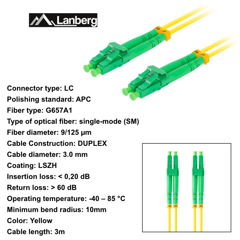 Cablu retea fibra optica cu lungime 3 m si conectori LC/APC-LC/APC, Lanberg Z43320, SM, DUPLEX 3.0MM G657A1 LSZH, galben [6]