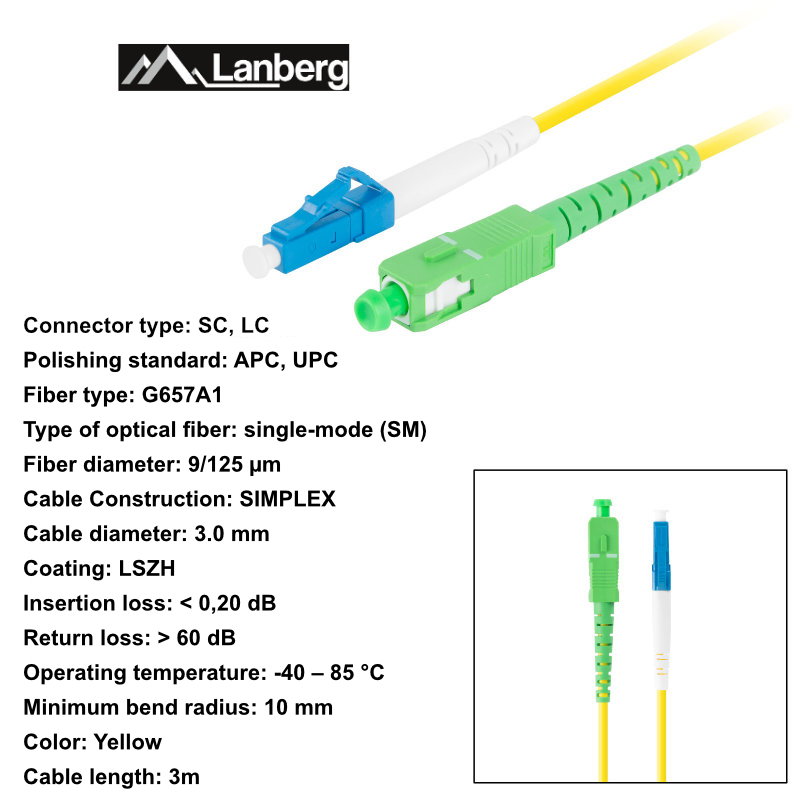 Cablu retea fibra optica cu lungime 3 m si conectori LC/UPC-SC/APC, Lanberg Z43304, SM, SIMPLEX 3.0MM G657A1 LSZH, galben [6]
