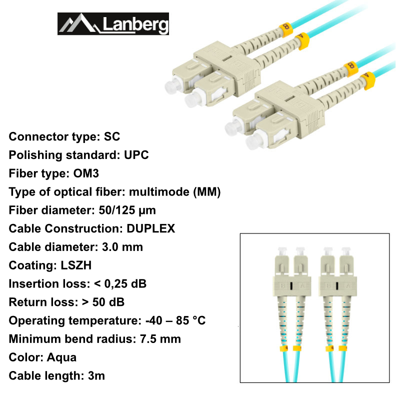 Cablu retea fibra optica cu lungime 3 m si conectori SC/UPC-SC/UPC, Lanberg Z43328, MM, DUPLEX 3.0MM OM3 50/125 LSZH, albastru [6]