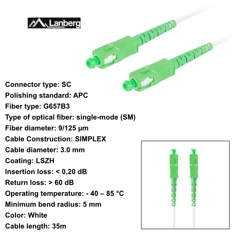Cablu retea fibra optica cu lungime 35 m si conectori SC/APC-SC/APC, Lanberg Z43079, SM, SIMPLEX 3.0MM G657B3 LSZH, alb [6]