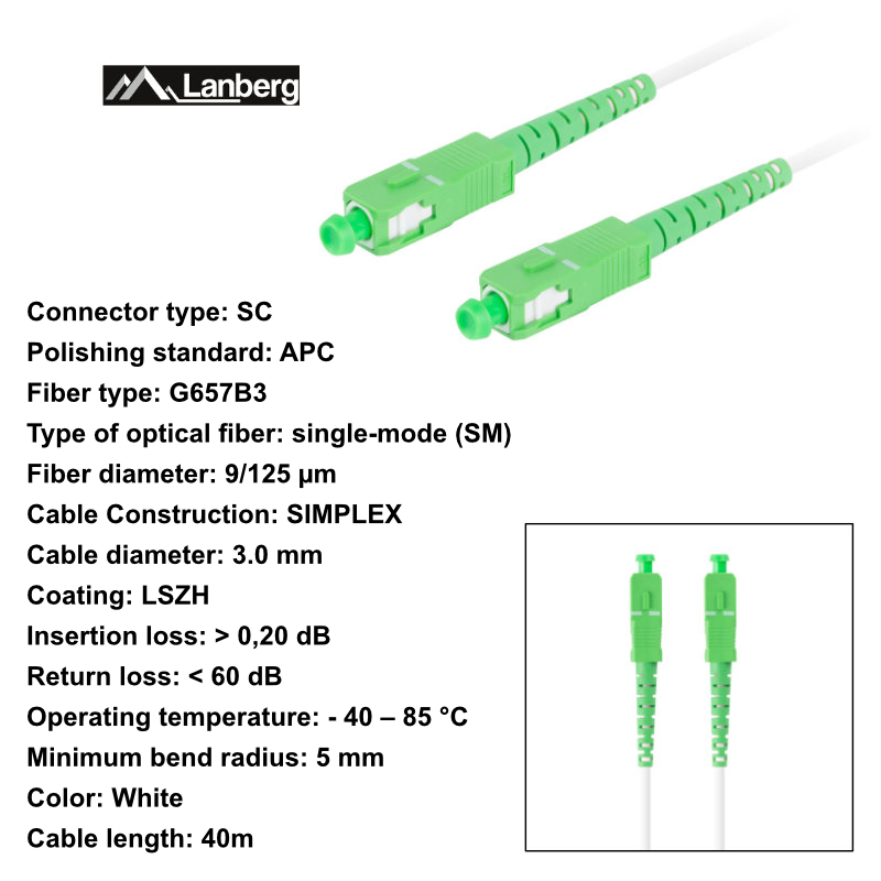 Cablu retea fibra optica cu lungime 40 m si conectori SC/APC-SC/APC, Lanberg Z43080, SM, SIMPLEX 3.0MM G657B3 LSZH, alb [6]