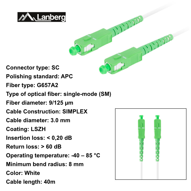 Cablu retea fibra optica cu lungime 40 m si conectori SC/APC-SC/APC, Lanberg Z43090, SM, SIMPLEX 3.0MM G657A2 LSZH, alb [6]