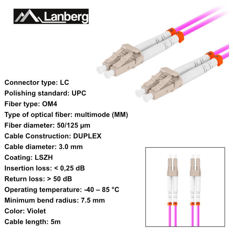 Cablu retea fibra optica cu lungime 5 m si conectori LC/UPC-LC/UPC, Lanberg Z43339, MM, DUPLEX 3.0MM OM4 50/125 LSZH, violet [6]