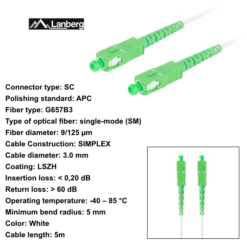 Cablu retea fibra optica cu lungime 5 m si conectori SC/APC-SC/APC, Lanberg Z43073, SM, SIMPLEX 3.0MM G657B3 LSZH, alb [6]