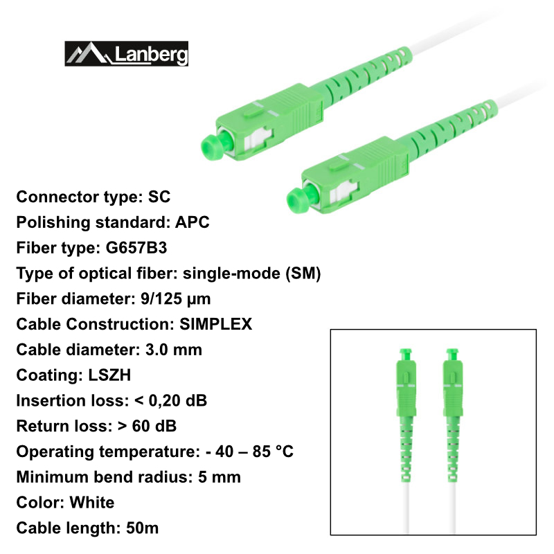 Cablu retea fibra optica cu lungime 50 m si conectori SC/APC-SC/APC, Lanberg Z43081, SM, SIMPLEX 3.0MM G657B3 LSZH, alb [6]