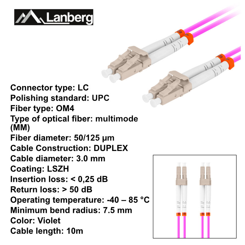 Cablu retea fibra optica, lungime 10 m si conectori LC/UPC-LC/UPC, Lanberg Z43340, MM, DUPLEX 3.0MM OM4 50/125 LSZH, violet [6]