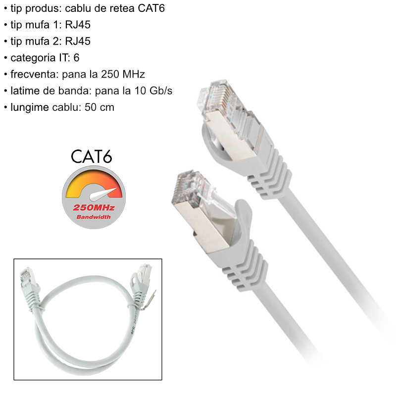 Cablu retea-patchcord CAT6 FTP, Lanberg 43613, 2 X RJ45, lungime 50cm, AWG26, 10Gb/s-250MHz, de legatura retea, ethernet, gri [6]