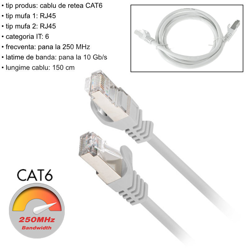 Cablu retea-patchcord CAT6 FTP, Lanberg 43615, 2 X RJ45, lungime 1.5m, AWG26, 10Gb/s-250MHz, de legatura retea, ethernet, gri [6]