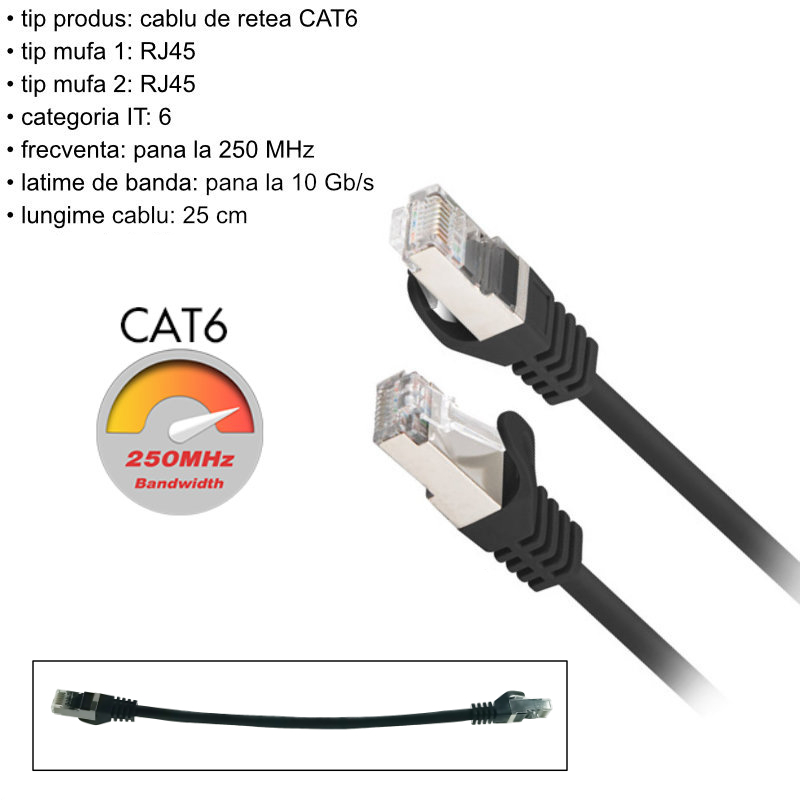 Cablu retea-patchcord CAT6 FTP, Lanberg 43618, 2 X RJ45, lungime 25cm, AWG26, 10Gb/s-250MHz, de legatura retea, ethernet, negru [6]